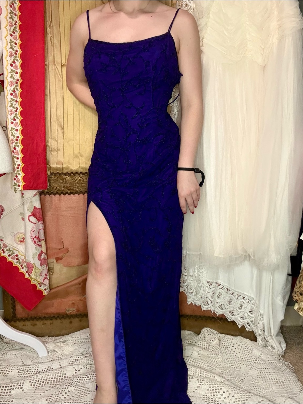Vintage 90’s Precious Formals Deep Blue Beaded Silk Spaghetti-Strap Maxi Gown